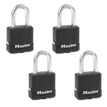 Imagem de Master Lock Fechadura de chave para uso externo, cadeado resistente à prova de intempéries com tampa, cadeados similares com chave para uso ao ar livre, pacote com 4, M115XQLF, preto