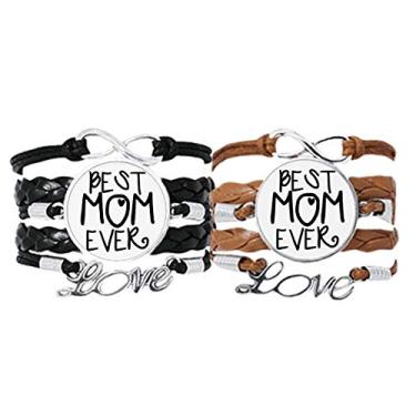 Imagem de DIYthinker Pulseira Best Mom Ever Words para o Dia das Mães com alça de mão e corda de couro, conjunto duplo para presente
