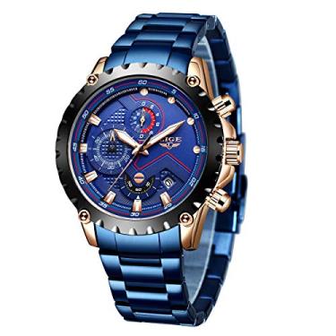 Imagem de Relógio masculino de quartzo analógico à prova d'água de aço inoxidável de luxo com cronógrafo da LIGE Watches, steel gold blue
