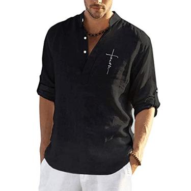 Imagem de Camisa masculina Jueshanzj casual de algodão e linho, cor lisa, manga longa, ajuste solto, gola mandarim, Preto, XX-Large