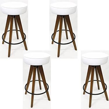 Imagem de Kit 4 Banquetas Bar Alta Base Madeira Giratória Assento Branco - Poltronas do Sul