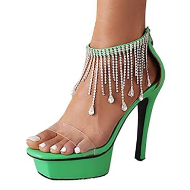Imagem de Sandálias femininas de strass casual verão salto alto peep toe sandálias elegantes salto agulha sapatos sociais, verde, 36 EU/5 EUA