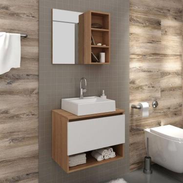 Imagem de Conjunto para Banheiro com 2 Peças 1 Gabinete 2 Gavetas e 1 Espelheira com 1 Prateleira Tecno Mobili Amêndoa/Branco