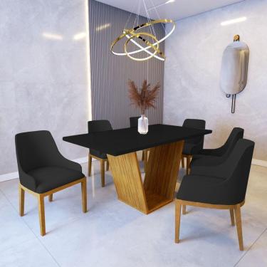Imagem de Mesa De Jantar Safira 1,6m Preto Com 6 Cadeiras Elisa Veludo Preto Madeira Maciça Castanho