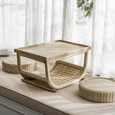 Imagem de Mesa baixa japonesa + 2 almofadas, 3 peças de conjunto de mesa de centro de tatame de bambu, mesa de chá de chão clássica e chique, tampo de vime e cadeira (A (3 peças) 70 * 55 * 32 cm) lofty ambition