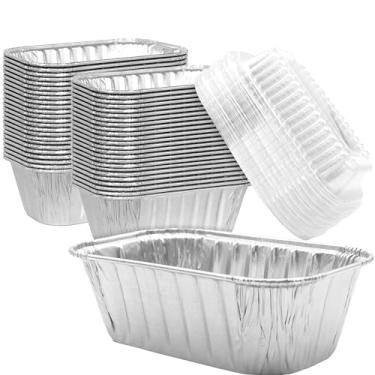 Imagem de Formas grossas de 15 x 9,5 cm de grau chef, com tampas, pacote com 50. Melhor forma descartável de folha de alumínio de 50 kg para assar pão, bolo de carne pequeno ou bolo de limão para presentes de