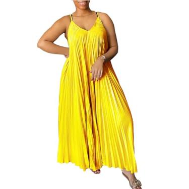 Imagem de Feminino verão Casual Long Dress Mangas Halter Plissado Praia Maxi Vestidos de Sol,Yellow,M
