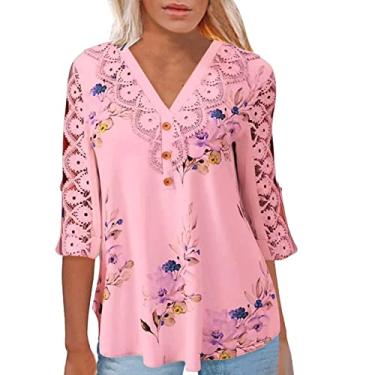 Imagem de Blusas femininas de malha de renda plus size manga curta Y2K blusas de algodão vintage túnica formal, rosa, XXG