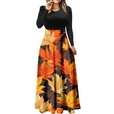 Imagem de Vestido feminino de manga longa solto com estampa de patchwork, vestidos maxi longos casuais 2023 roupas de outono plus vestidos com, Laranja, M