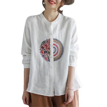 Imagem de Camisa bordada feminina étnica irregular cardigã curto solto chinês primavera manga longa, Branco, P