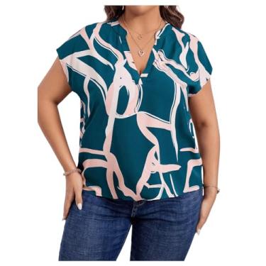 Imagem de SOLY HUX Blusas femininas plus size para trabalho de verão, gola V, manga curta, estampa gráfica, Estampa azul-petróleo, GG Plus Size
