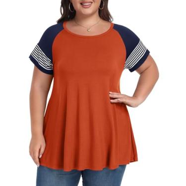 Imagem de LARACE Camiseta feminina plus size túnica básica de verão manga curta casual gola redonda, Laranja escuro/azul marinho, G