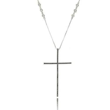 Imagem de Colar Crucifixo Celebridades Grande 4 x 7 cm Zircônia Preta Corrente Tiffy Semijoia Ródio Branco-Feminino