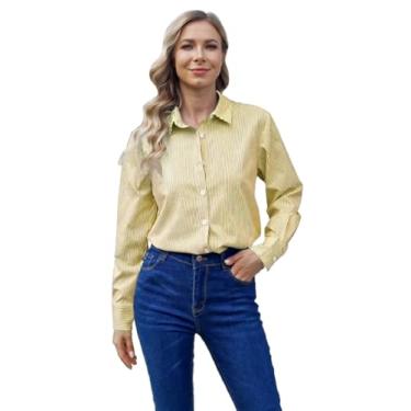 Imagem de RCL Camisas femininas de botão, manga comprida, casual, de chiffon, gola V, camisas para trabalho de escritório, Listras amarelas, M