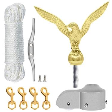 Imagem de NQ Kit de peças de reparo de ferragens para mastro de bandeira - corda de 15 m + topo de águia de 16,5 cm + grampo de liga de zinco de 15 cm + 4 peças de clipes de metal giratórios + caminhão de bandeira de liga de alumínio com polia para mastros de bandeira de 4 a 5 cm