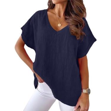 Imagem de ONLYSTORY Camisetas femininas de linho de algodão casual verão manga curta extragrande gola V blusas soltas, C - Azul-marinho, G