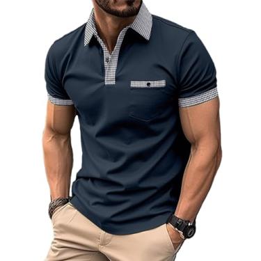 Imagem de Camisa polo masculina clássica casual manga curta xadrez splice camisetas polo de ajuste regular para negócios e golfe, Azul marinho, M