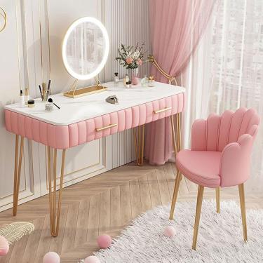 Imagem de Mesa de maquiagem moderna com espelho e gavetas LED ajustáveis, penteadeira e conjunto de cadeiras para estudo de escrita de escritório em casa, rosa, 80 cm