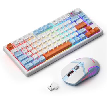Imagem de BlueFinger Teclado e mouse para jogos 75% sem fio com tela inteligente, teclado sem fio recarregável com controle de botão, mouse para jogos com retroiluminação RGB para Mac, laptop, computador,