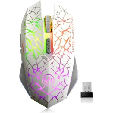 Imagem de VEGCOO C12 Mouse sem fio para jogos, mouse recarregável, clique silencioso, mouse sem fio com 6 botões, mouse para jogos de PC, tecnologia avançada com 2,4 GHz até 2400DPI para PC, laptop (branco)