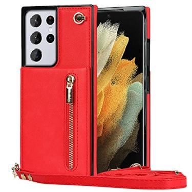 Imagem de Capa de couro luxuosa com talabarte de couro para Samsung Galaxy S21 S20 FE S10 E S9 Note 20 10 9 Plus Slots para cartões Ultra Capa de bolsa de telefone, vermelha, para Galaxy S21 Plus
