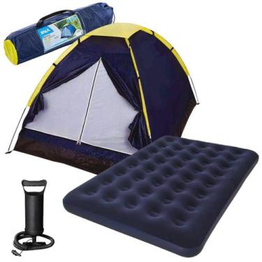 Imagem de Kit Barraca 3 Pessoas Colchão Inflavel Casal 295kg Bomba Ar - Bel, Azu