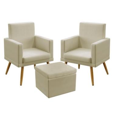 Imagem de 2 Poltronas Vega Estofada Com Rodapé Com Puff Quasar Sued Bege Aradeco