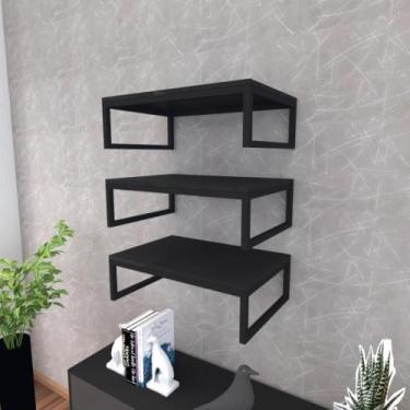 Imagem de Prateleira industrial suspensa estante parede nicho preto ferro e made