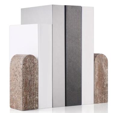 Imagem de CroBlissful 2 peças de suportes de livros de mármore natural travertino para prateleiras, terminais de livros decorativos, suportes de livros sólidos, suportes de livros resistentes, decoração de
