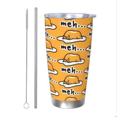 Imagem de DITXIT Gudetama Caneca de viagem de café com isolamento a vácuo de aço inoxidável de 590 ml, durável, com tampa à prova de respingos, canudo de metal e escova térmica para uso externo