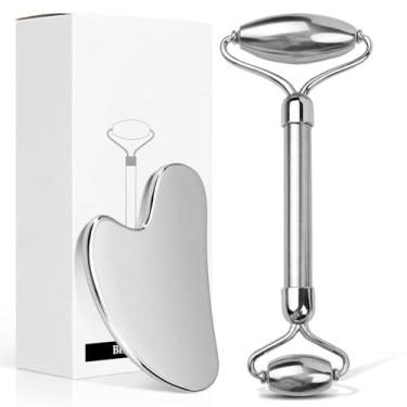 Imagem de Aresvns Rolo facial de aço inoxidável e Gua Sha - metal Gua Sha, ferramentas faciais Gua Sha, aço inoxidável, tratamento corporal facial, reduz inchaço, drenagem linfática, tensão facial