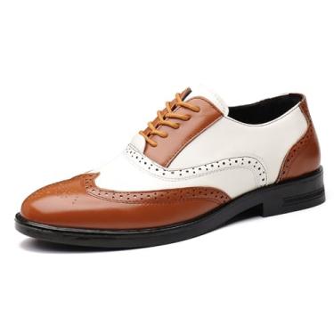 Imagem de Sapato social masculino de dois tons brogue Oxfords Fashion costurado à mão sapato social bico redondo cadarço cano baixo negócios formal Derby sapatos, Marrom, 45