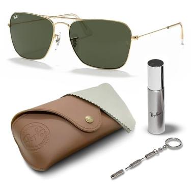 Imagem de Ray-Ban RB3136 CARAVAN Óculos de sol quadrados com kit de óculos – protetores de nariz ajustáveis – Óculos de sol quadrados, Armação dourada polida Arista | Lente verde G-15, 55mm