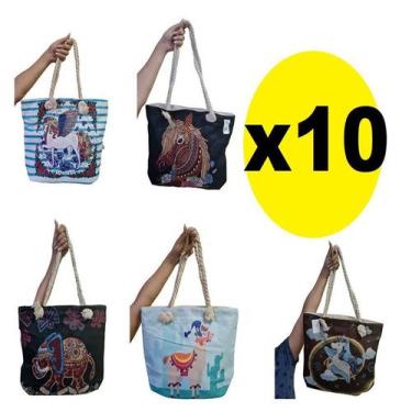 Imagem de Kit 10 Bolsas Feminina Lona c/ Alça de Corda Estampa Sortida - Lynx pr