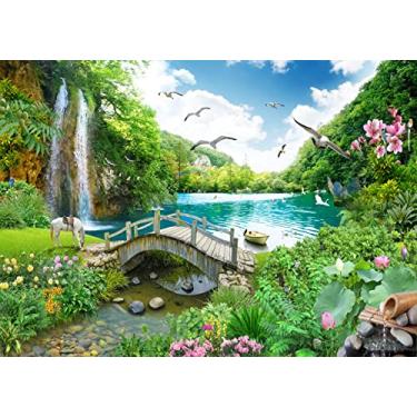Imagem de BELECO Pano de fundo de jardim pitoresco de tecido de 2,7 x 1,8 m paisagem tropical verde montanha floresta árvores cachoeira lago flores pássaros cavalo rio ponte fantasia fundo país das maravilhas mural mural de sessão de fotos adereços