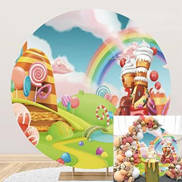 Imagem de DORCEV Capa de fundo redonda de poliéster com tema de desenho animado de 2 x 2 m, fundo colorido do país das maravilhas para fotografia, pirulitos, sorvete, arco-íris, festa de aniversário, decoração