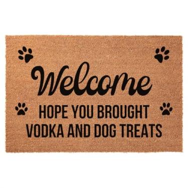 Imagem de Capacho engraçado de coco Welcome Hope You Brought vodka e petiscos para cães porta da frente tapete de boas-vindas para decoração de entrada tapete externo tapete de boas-vindas tapete de entrada