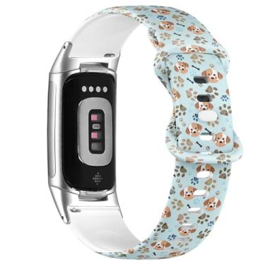 Imagem de Pulseira de silicone macio compatível com Fitbit Charge 5/Fitbit Charge 6 (osso com estampa de pata de cachorro fofo) para mulheres e homens