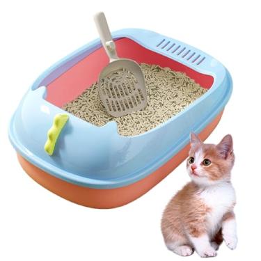 Imagem de RMNHPTK Caixa de areia aberta para gatos, vaso sanitário anti-respingos para gatos com colher de peneiramento de areia para evitar vazamento de areia, caixa de areia para gatos semi-fechada e
