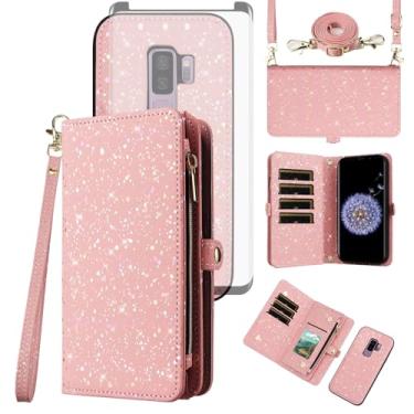 Imagem de Asuwish Capa de celular para Samsung Galaxy S9 Plus com zíper carteira magnética destacável com protetor de tela de vidro temperado e suporte de cartão com glitter, celular S9+ 9S 9+ S 9 9plus S9plus