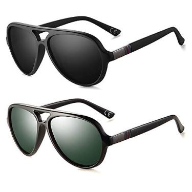 Imagem de 2020 VentiVenti Pacote com 2 óculos de sol aviador masculinos, lentes polarizadas de plástico, leve, ponte dupla, proteção UV para dirigir, armação preta fosca, armação preta brilhante/lente G15