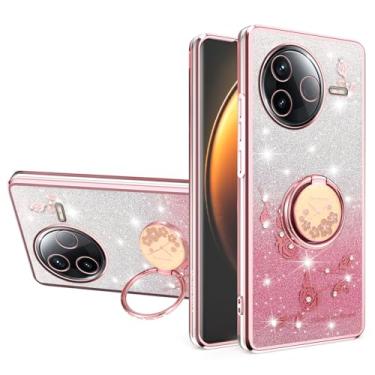 Imagem de MRRSIWEI Capa para Xiaomi Redmi K80 para mulheres e meninas, capa à prova de choque com flores brilhantes e brilhantes com suporte de anel para Xiaomi Redmi K80. Flores rosa