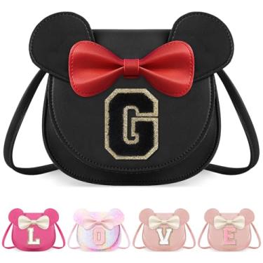 Imagem de izuzta Bolsa infantil para crianças 1 2 3 4 5 6 7 8 anos de idade bonito mouse orelha laço bolsa transversal presente de aniversário, Grande/Bolsa preta/Letra preta, G, G