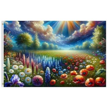 Imagem de Pickako Pintura a óleo flores coloridas campo margarida papoula sol brilhante céu azul brilhante bandeira ao ar livre, impressão unilateral 9,5 x 1,5 m bandeiras com ilhós de latão para casa,