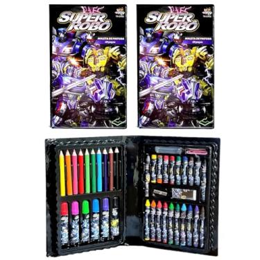 Imagem de Kit 2 Maletas de Colorir Robôs Lápis Giz e Acessórios 48 Peças Maleta de Pintura Infantil Escolar