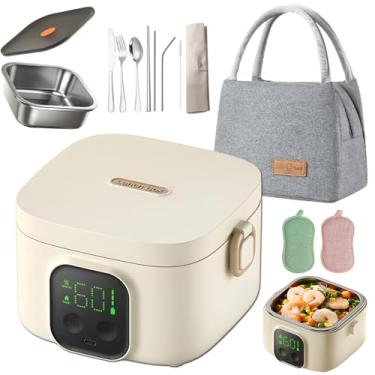 Imagem de Lancheira com aquecimento e carregamento sem água, lancheira elétrica para homens/mulheres, lancheira com aquecimento rápido de 20 a 80 minutos, com garfo, bolsa de transporte e pano de limpeza,