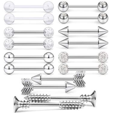 Imagem de Anéis de mamilo Hoeudjo 14 g de aço inoxidável e bioflex transparente língua acrílica barra PA barras retentor corpo piercing joia para mulheres homens 16 peças 14 mm (9/16 polegadas)