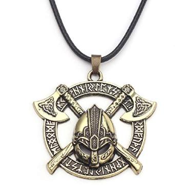 Imagem de Colar masculino com capacete de guerreiro nórdico, runas vikings, pingente de machado duplo com corrente de 39,9 cm + 4,8 cm, colar de amuleto tribal dos guerreiros nórdicos, cordão de couro, joia