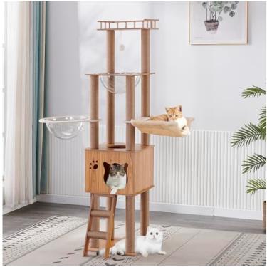 Imagem de Árvore de madeira para gatos de 154 cm com condomínio para gatos, postes para arranhar escadas, 2 tigelas, postes de arranhar de sisal, rede aconchegante para gatos e poleiro. Árvore de gato para