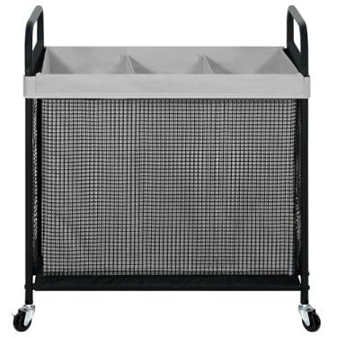 Imagem de STO STO Cesto de roupa suja 3 seções, carrinho com rodinhas de 120 L com forro removível e lavável, cesto de roupas com alça de metal para lavanderia e quarto, cinza e preto